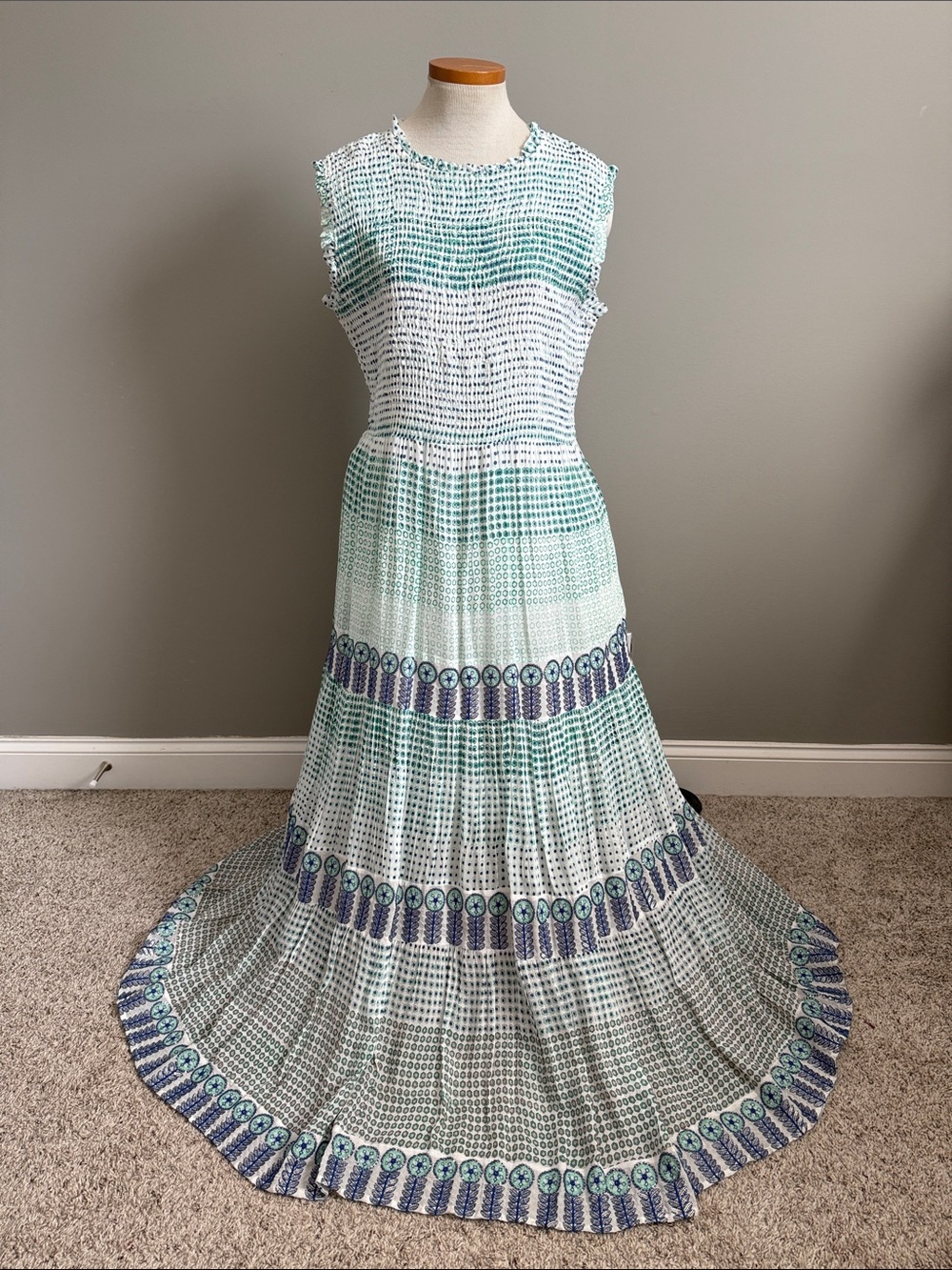 Oliphant - Smocked Sleeveless Beaded Maxi Dress - Size XL - Blue/Gree